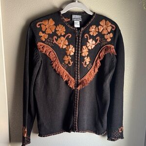 Roughrider Black and Brown Floral Fringe Cardigan, Size Small.